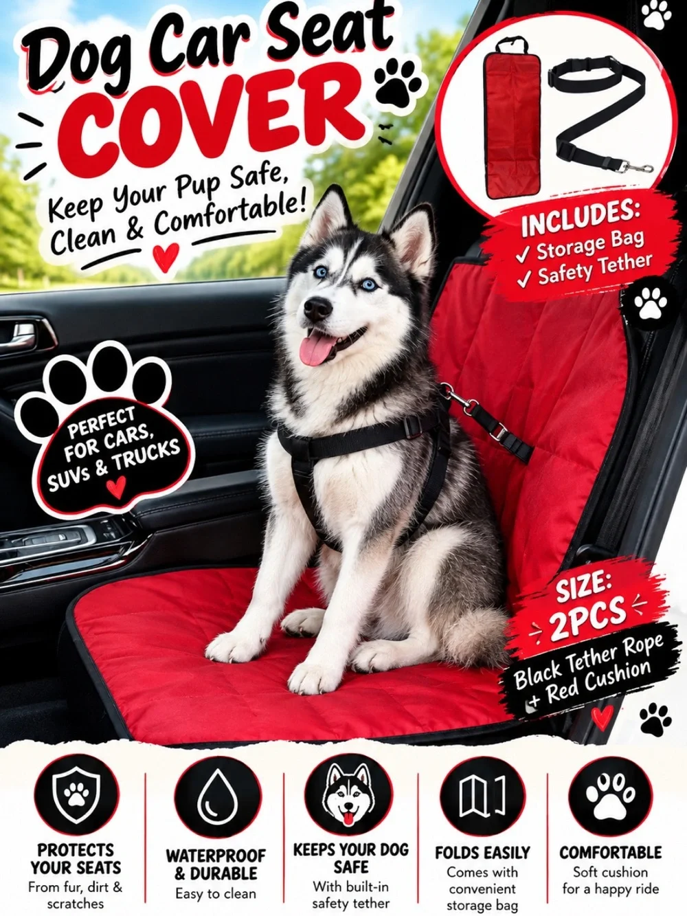 New Dog Car Seat Cover with Safety Tether - Pets Dog